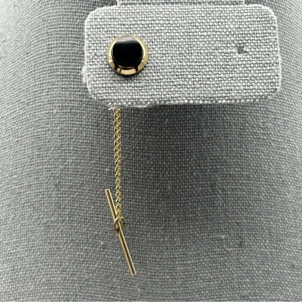 Men's Round Faux Black Stone Tie Tack with Gold Tone Chain Classic Elegant